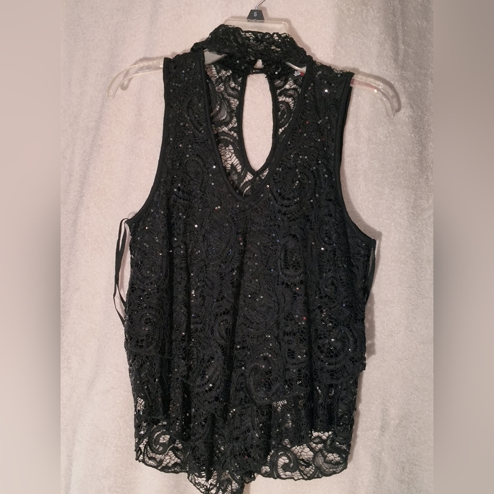 Fashion Magazine, Lace, Sequined, Layered, Sleeveless Blouse.